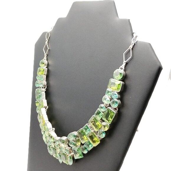 Statement Green Glass Stone Bib Necklace Silver Tone Chunky Collar Boho Jewelry - Picture 11 of 16